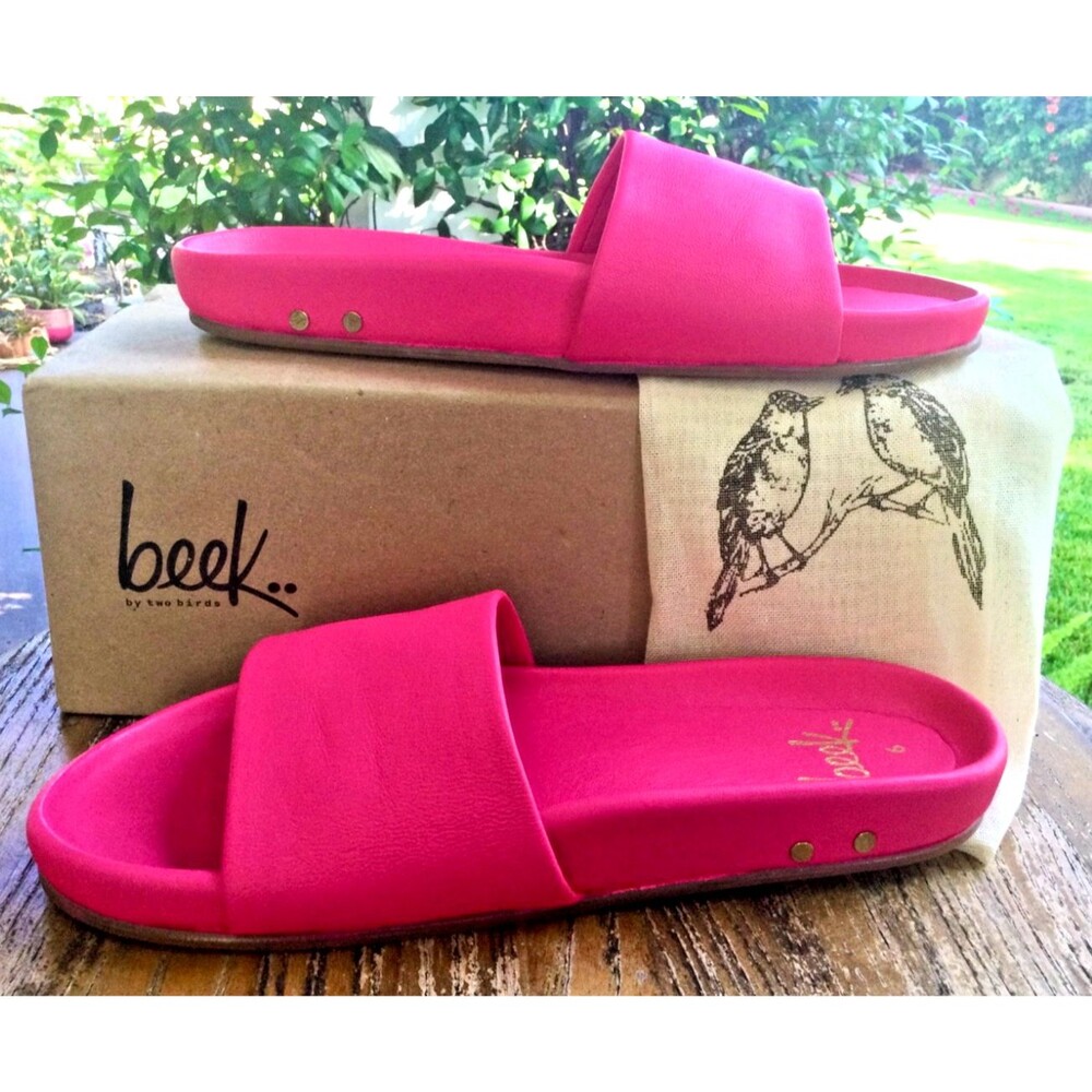 Beek Pelican Leather Platform Slide Sandals Size 6 Hibiscus Hot Pink Shoes w Bag - Picture 2 of 13